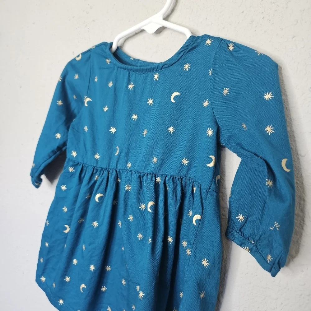 Carter's Dress Baby Girl 6m‎ Blue Gold Stars Moon Celestial Long Sleeve Holiday